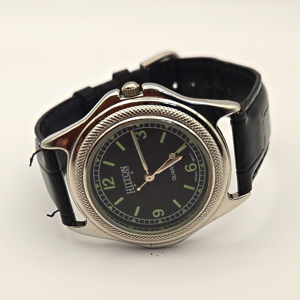 Vintage Unisex Hilton Quartz Analog Watch. SS,Black Leather Band,New Batteries.